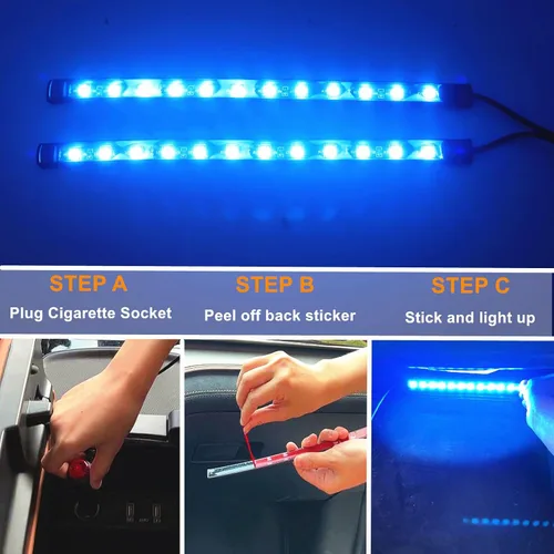 Vista 2 de Luces interiores LED DC 12V luz ambiental para asiento de coche, tira de luz LED DRL tira de luz diurna para coche, luces de atmósfera azul Icyblue