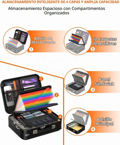Vista 3 de Caja de documentos ignífuga – Carcasa rígida de 8 capas a prueba de fuego para documentos del hogar, organizador de archivos resistente al agua