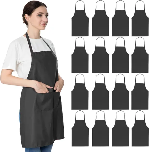 Vista 13 de Delantales azules a granel para mujeres y niñas con 2 bolsillos, delantales de cocina de restaurante de chef, delantales lisos, para artistas