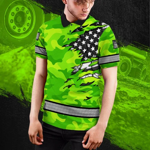 Vista 4 de Polo reflectante con bandera de camuflaje de alta visibilidad para hombres y mujeres, polo de seguridad para trabajo, patriótico
