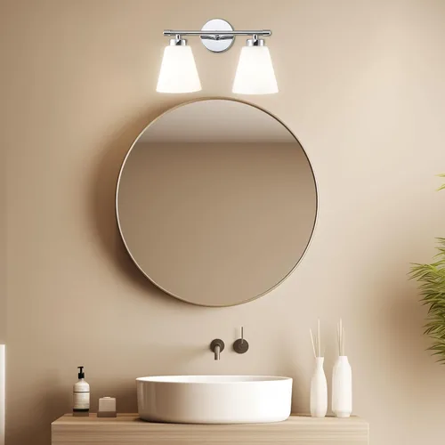 Vista 6 de Hamilyeah Lámpara de tocador moderna de cromo para baño sobre espejo, lámpara de tocador de 2 luces con pantalla de vidrio esmerilado, lámpara