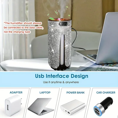 Vista 4 de Humidificador de coche con diamantes de imitación, humidificador USB de aceite esencial para coche, humidificador de aromaterapia, portátil, mini