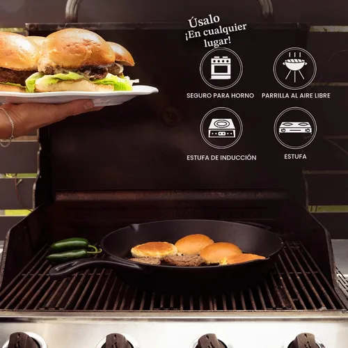 Vista 3 de Cuisinel Sartén de hierro fundido de 15" + tapa de vidrio + raspador de sartén negro + cubierta de agarre de mango de silicona - Utensilios