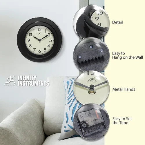 Vista 6 de Infinity Instruments Retro Escape - Reloj de pared para interiores de plástico de 9.75 pulgadas con movimiento silencioso, color negro Silent