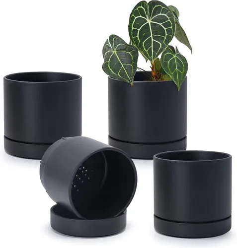 Vista 32 de Phoenix Vine 4 Inch Planter Pot with Drainage Hole & Saucer, Deep Water Catch Tray, Straight Cylindrical Round Pot for Plants, Olive, Pack of 1