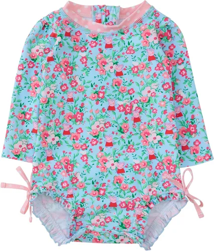 Vista 15 de RuffleButts - Traje de baño de una pieza con protección solar UPF 50+, camiseta de protección floral estampado, manga larga, con cierre zipper