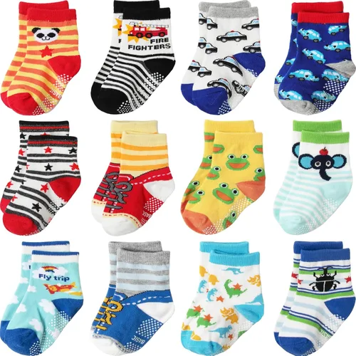 Vista 24 de Calcetines antideslizantes con agarre para tobillos, paquete de 12 unidades para niños pequeños, niños y niñas, lindos calcetines de algodón