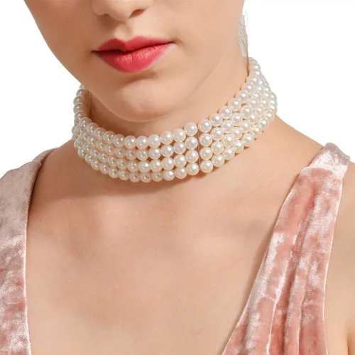 Vista 4 de Delicado collar de gargantilla de perlas de imitación multicapa, simple hecho a mano, diamantes de imitación gruesos, perlas de imitación, collar