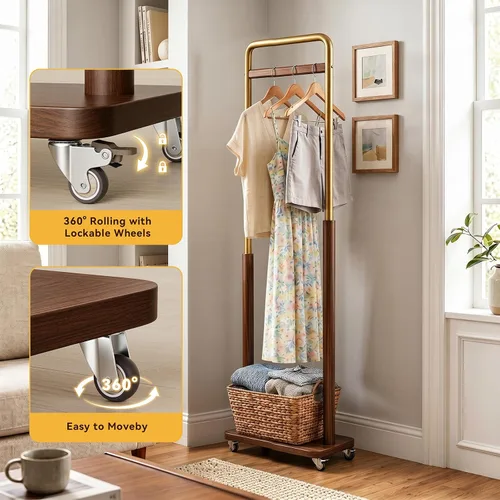 Vista 3 de Brand Perchero de madera maciza con ruedas independiente, entrada dormitorio sala de estar, combinación de madera de metal, ropa ropa bufanda