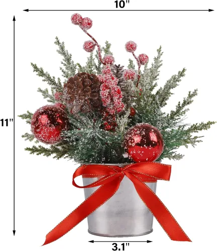 Vista 2 de Prsildan 2 piezas de decoración de mesa de Navidad árbol artificial con cono de pino y bayas rojas, mini árbol de nieve flocado con luces LED