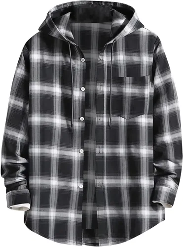 Vista 9 de Camisa a cuadros con botones para hombre, ligera, casual, de manga larga, ajuste holgado, UPF 50+, con capucha y protección solar