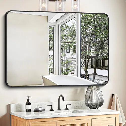 Vista 9 de FORBATH - Espejo de baño negro para sobre lavabo, espejo de pared de 16x24 pulgadas con marco de metal, esquinas redondeadas para baño, dormitorio