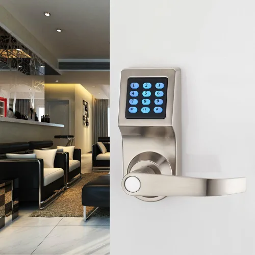 Vista 4 de Cerradura digital para puerta, desbloquea con control remoto, Tarjeta, código y llave M1, Manija con dirección reversible.