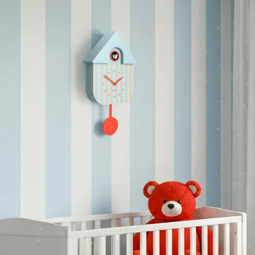 Vista 7 de Fisura - Reloj de pared de cuco a rayas azules y beige con esfera roja - Reloj de pared decorativo moderno, regalo único de decoración del hogar