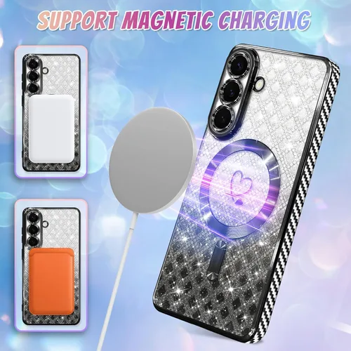Vista 359 de Bonoma - Funda compatible con Samsung Galaxy S21 Plus, diseño de corazón con purpurina, color rosa Support for MagSafe, Plating Magnetic Case TPU