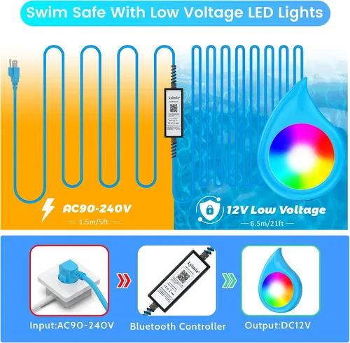 Vista 3 de LyLmLe - Luz LED para piscina, luz sumergible regulable RGB de 20 W con aplicación e imán 800lm, IP68 impermeable cambio de color 12V luces