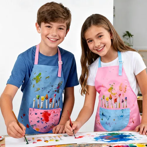 Vista 5 de Paquete de 2 delantales de pintura para niños, impermeables, delantales ajustables para niñas y niños, delantales artísticos con bolsillos