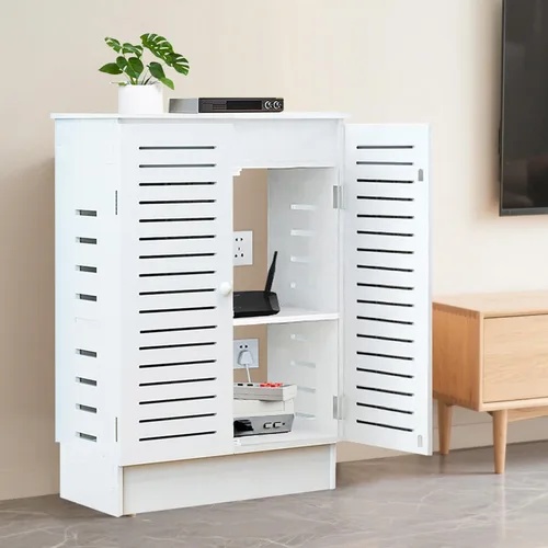 Vista 7 de Gabinete de almacenamiento de enrutador WiFi, caja de almacenamiento de enrutador de pie de PVC (nogal) Organizador oculto para regleta y gestión