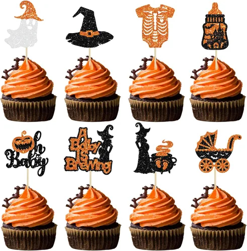 Vista 8 de Ephlyn 24 adornos negros para tartas de Halloween con purpurina fantasma Negro Halloween