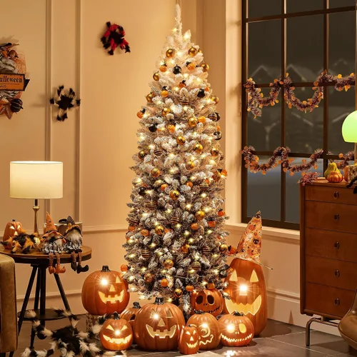 Vista 3 de Yaheetech Árbol de Navidad de Abeto Tipo Lápiz Preiluminado con Nieve Artificial de 6 pies con Bisagras, Árbol de Navidad Delgado para Esquina Negro