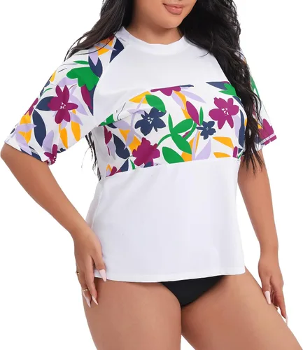 Vista 2 de Halcurt Camiseta de natación para mujer, talla grande, manga corta, protección UPF 50