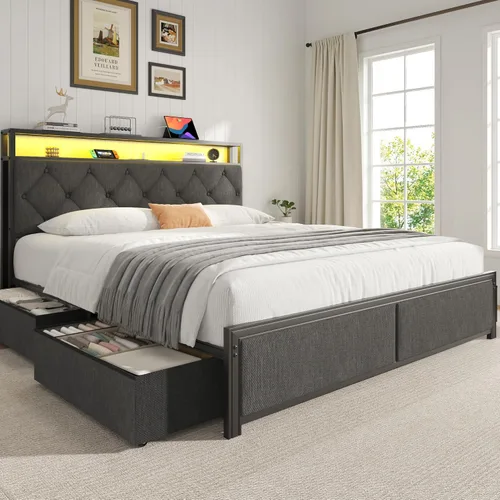 Vista 8 de Fluest Base de cama Queen con cabecero, cajones de almacenamiento, estación de carga rápida, luces LED, marco de cama tamaño Queen con cajones