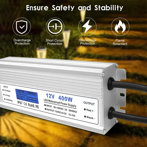 Vista 2 de Fuente de alimentación LED de 12 V 400 W, transformador de bajo voltaje impermeable IP67, convertidor de voltaje constante de CA a CC de 12 V 33.3 A