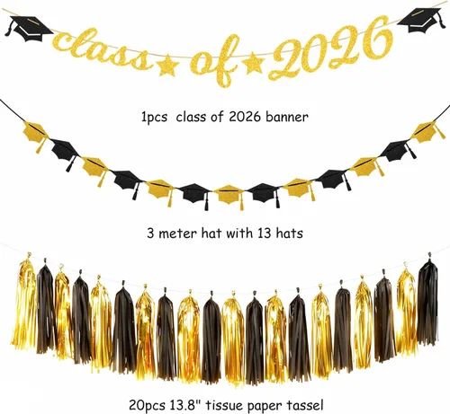 Vista 2 de Guirnalda de decoración de fiesta de graduación de oro negro – 36 piezas de pancarta de felicitaciones de graduación 2026, serpentinas colgantes
