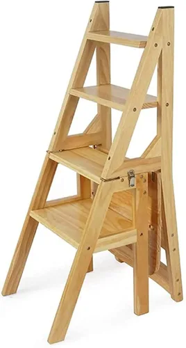 Vista 7 de Taburete plegable de madera, silla de escalera portátil, silla de escalera multifunción, silla de escalera para biblioteca del hogar, máximo 4 Negro