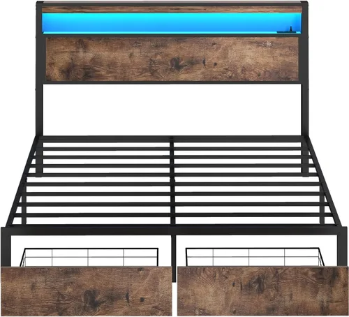 Vista 9 de SADENICEL Base de cama de tamaño matrimonial con almacenamiento, plataforma de cama de madera LED con cabecero, 2 cajones, estación de carga,