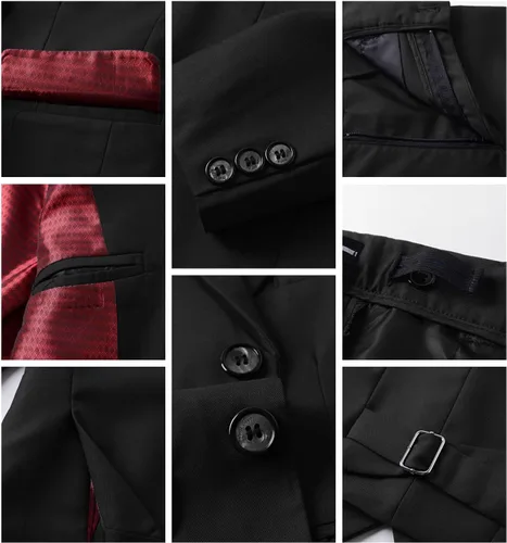 Vista 6 de Trajes negros para niños, traje ajustado formal para niños pequeños, 7 piezas, chaleco, pantalones de vestir, blazer, traje de portador de anillo