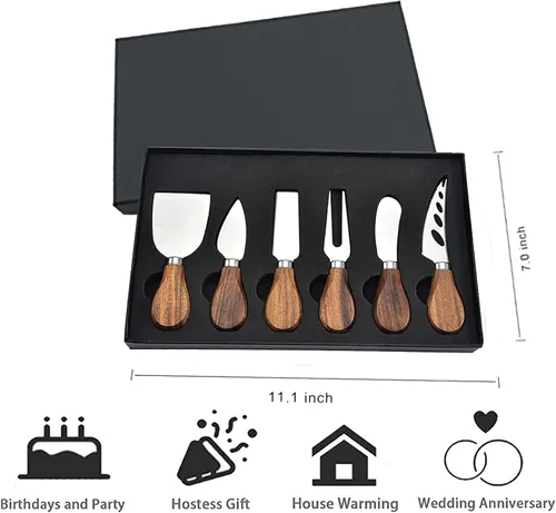 Vista 7 de Juego de cuchillos de queso de 6 piezas, cuchillos de queso de acero inoxidable con mango de madera de acacia para tabla de embutidos