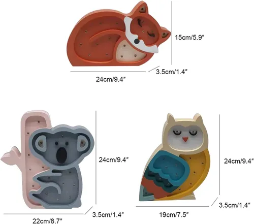 Vista 2 de Luz de noche LED decorativa para niños, decoración de guardería de bebé, lindo zorro lámpara de mesa de madera, letrero de animal, adorno