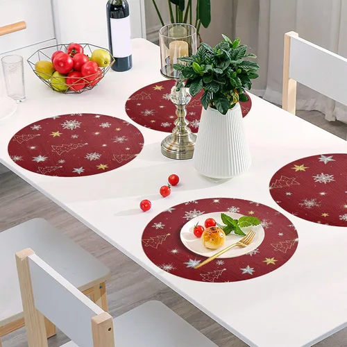Vista 6 de Mantel individual rojo con copos de nieve blancos, antideslizante, resistente al calor, para cocina, talla 1 x 1