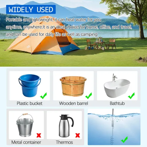 Vista 5 de Paquete de 2 calentadores de agua eléctricos de inmersión portátiles de 1000 W 110 V para camping, piscina inflable, bañera, calentador de cubo