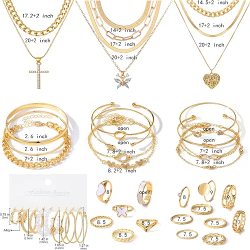 Vista 7 de VKME Juego de 45 piezas de joyería dorada para mujeres y niñas, aretes colgantes delicados, elegantes anillos de nudillos, pulseras y collares