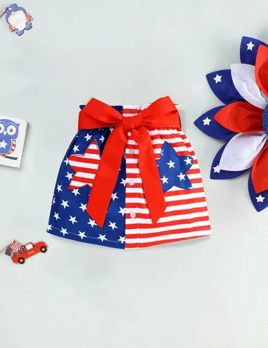 Vista 5 de Conjunto de falda para el Día de la Independencia para niña del 4 de julio, camiseta de manga voladora, falda con botones y bandera estadounidense