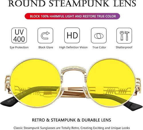 Vista 4 de AIEYEZO Gafas de sol redondas steampunk Circle Lennon Hippie, marco de metal, lente de bloqueo UV 100%