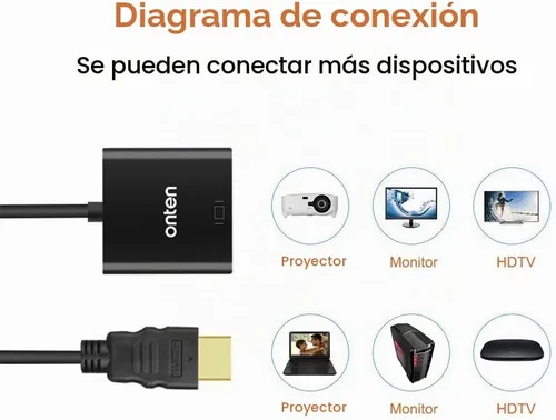 Vista 2 de ONTEN Cable HDMI a VGA. Convertidor HDMI macho a VGA macho con conector de audio de 0.138 in para TV Stick, Raspberry Pi, portátil, monitor, PC