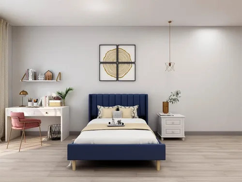 Vista 28 de Upholstered Bed Frame with Wingback Headboard and Wood Slats (Beige-Linen, Twin)