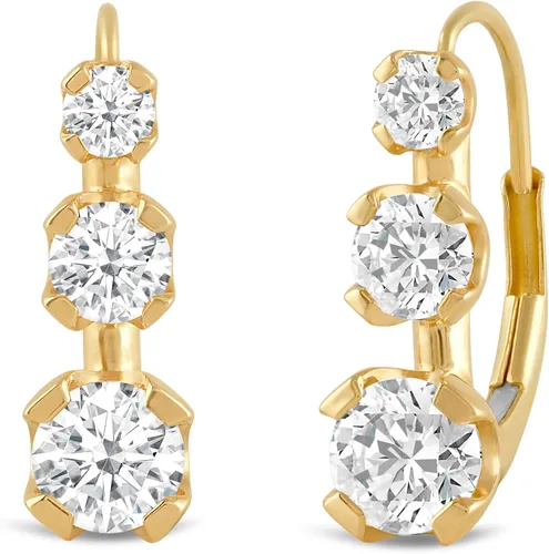Vista 3 de 14K Solid Gold Earrings Round Cut Leverback 3-Stone "Trilogy" Cubic Zirconia Basket Setting 2.0 CTW, Diamond Equivalent With Gift Box