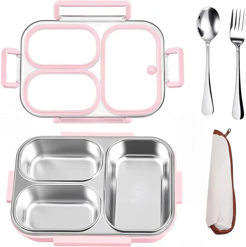 Vista 9 de Kit de lonchera de acero inoxidable 18/8 de 25 onzas (caja de bento + tenedor/cuchara), 3 compartimentos a prueba de fugas, caja de aperitivos