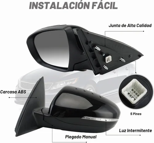 Vista 4 de Espejo lateral del conductor compatible con espejos Kia Optima 2011 2012 2013 con luz intermitente, vidrio eléctrico, plegado manual, repuesto Negro