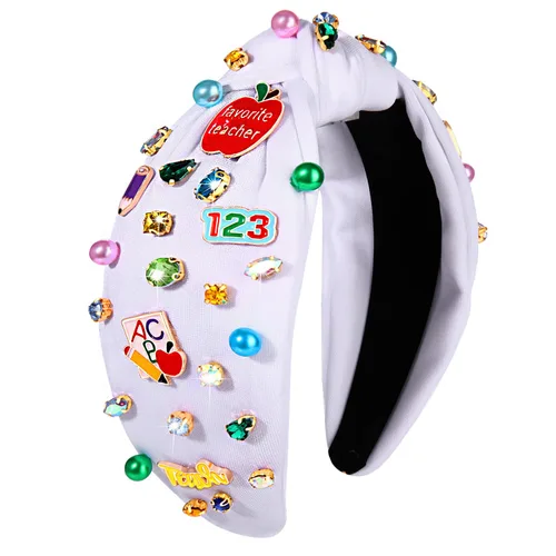 Vista 9 de Diadema para profesora para mujer, diadema anudada con perlas de cristal, trajes de regreso a clases, accesorios, regalos de agradecimiento