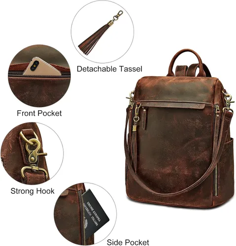Vista 3 de S-ZONE Mochila vintage de cuero genuino para mujer con bolso de mano, Classic
