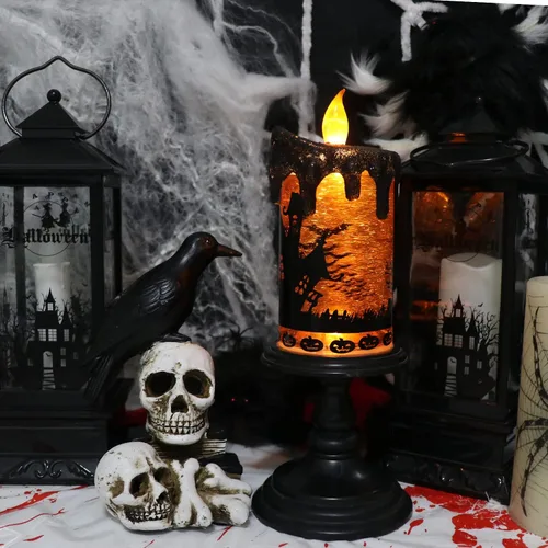 Vista 5 de Vela sin llama de Halloween, globo de nieve, luz amarilla Bates A