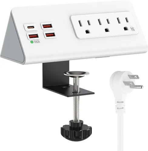 Vista 9 de Estación de carga para mesita de noche, regleta de enchufes de borde para mesita de noche con 3 tomas de CA, 4 puertos USB de carga rápida, con Negro