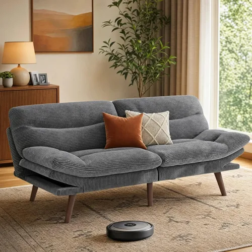 Vista 11 de Pipishell Sofá cama futón, futón convertible con respaldo ajustable y reposabrazos, sofá cama de pana para espacios pequeños, sala de estar, Gris
