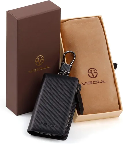 Vista 5 de VISOUL Funda de cuero para llavero de automóvil para hombres y mujeres, funda protectora de llavero inteligente con gancho de metal y llavero