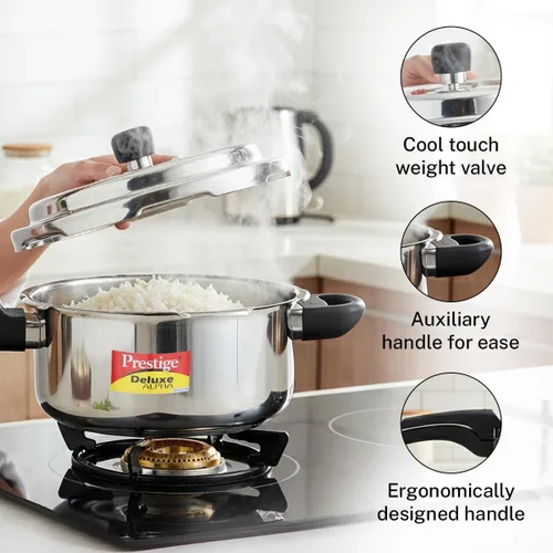 Vista 7 de Olla a presión Prestige Deluxe Alpha Svachh de acero inoxidable con base Alpha y tapa profunda para control de derrames, (3 litros)